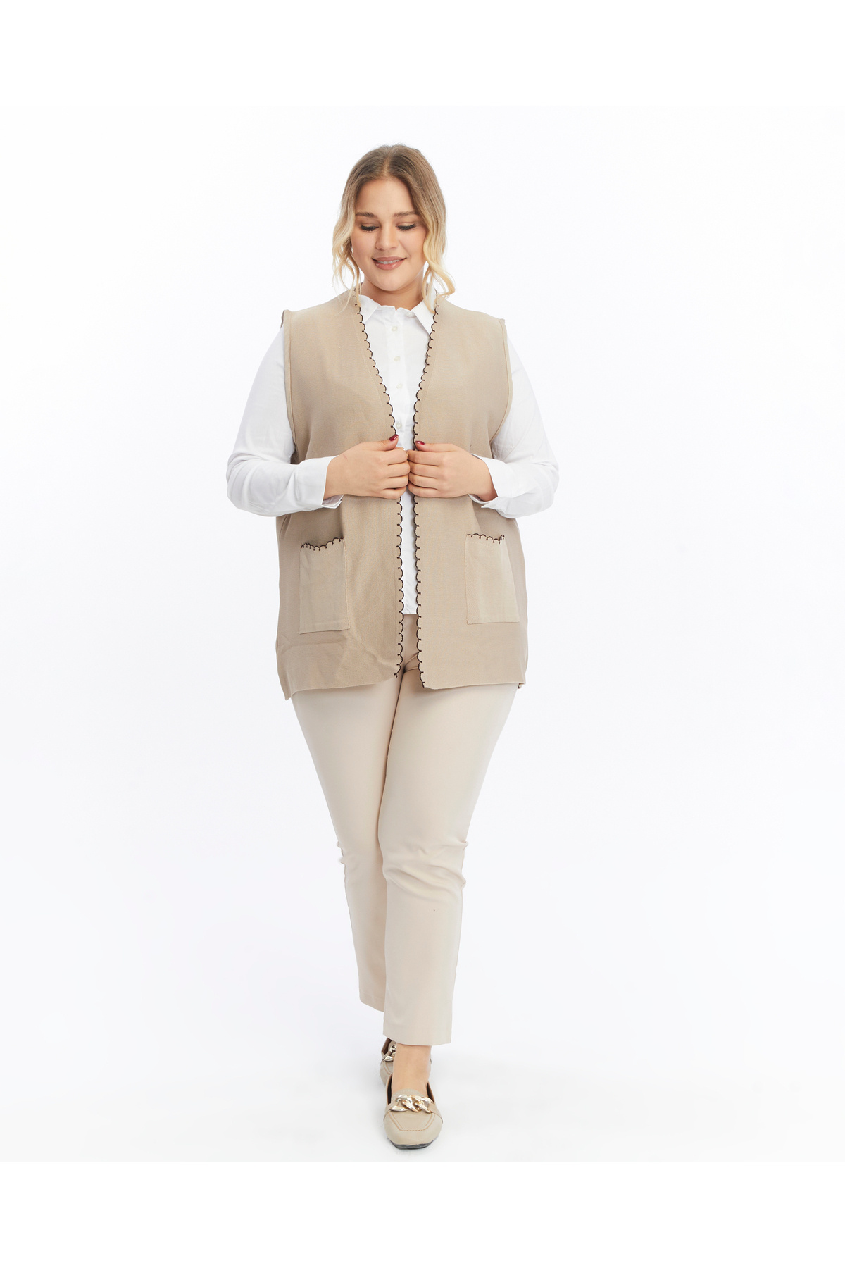 Elvin-Knitwear Women's Plus Size Beige Non-Pilling Steel Mesh Mother Vest 5
