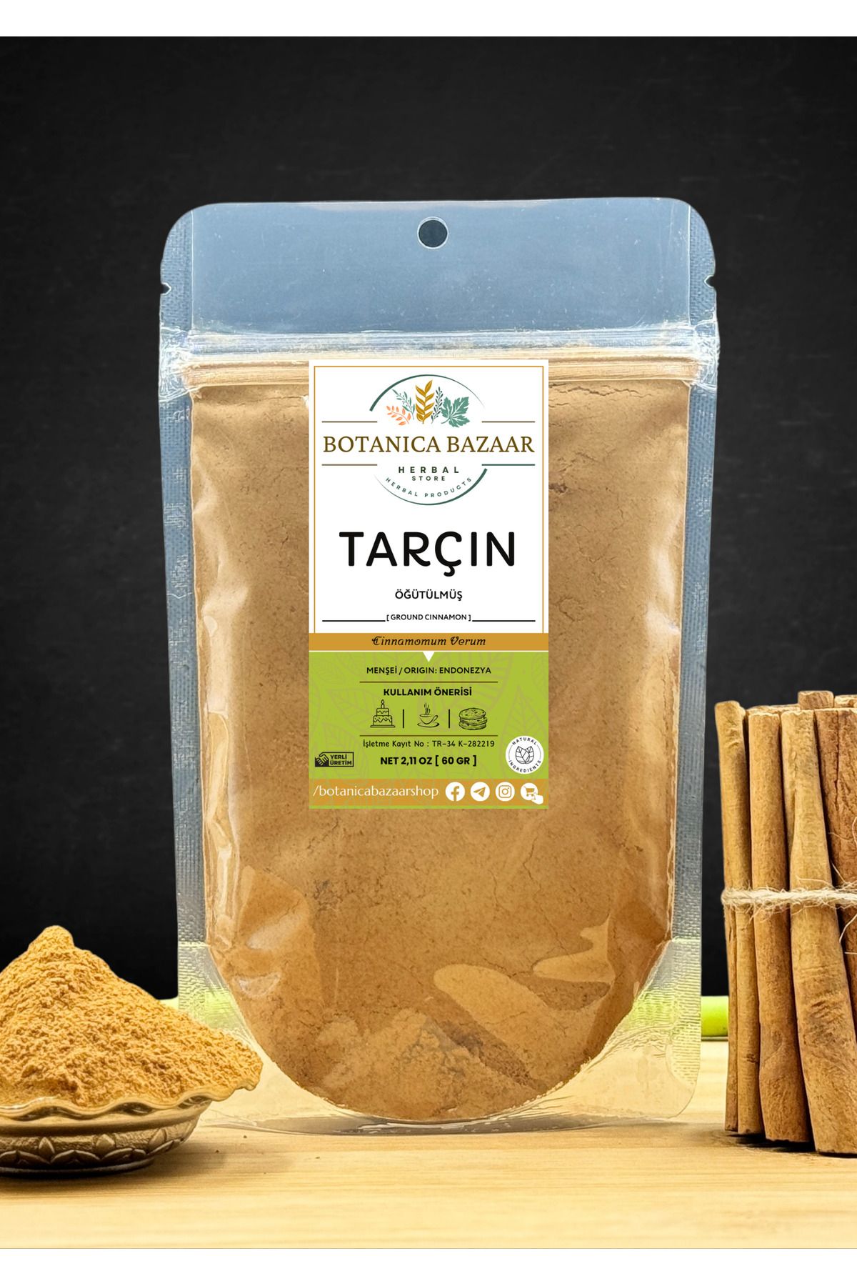 Botanica Bazaar Doğal Öğütülmüş Toz Tarçın Elenmiş Yeni Mahsul, Ground Cinnamon 60gr