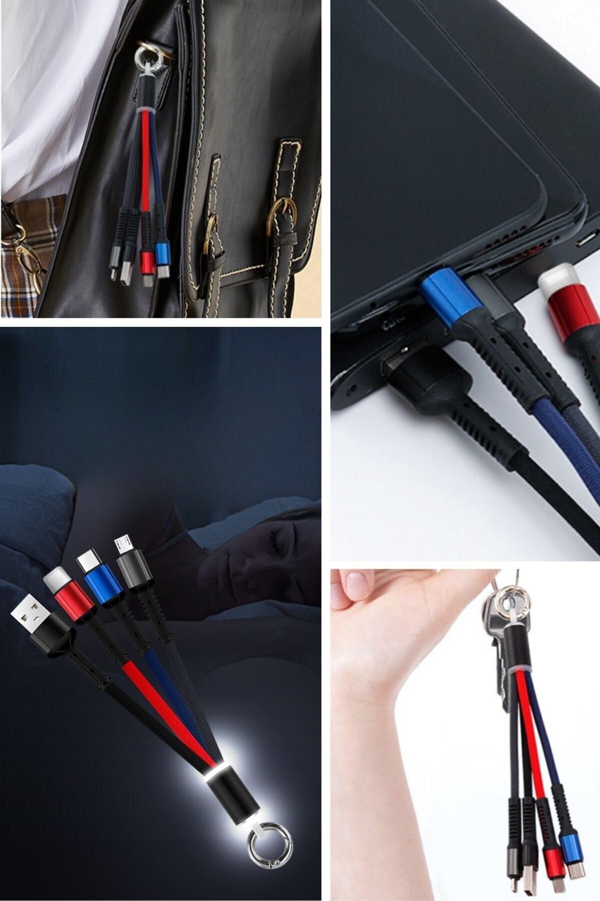 yenitoptan Işıklı Anahtarlık Model 3 in 1 USB Çıkışlı MİKRO,TYPE-C ve İphone Uyumlu Şarj Kablosu