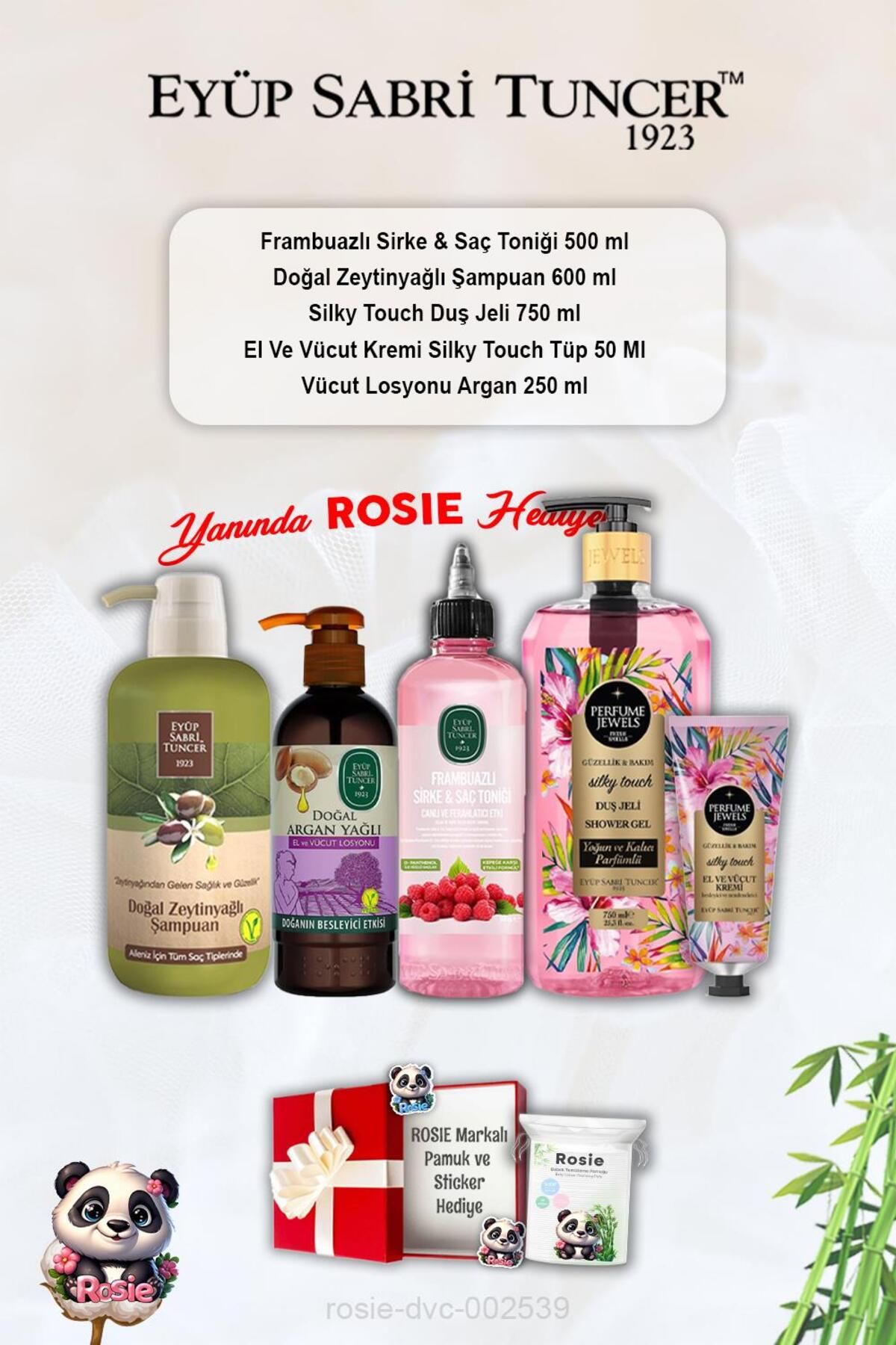 Eyüp Sabri Tuncer Silky Touch duş jeli ve kremi, Frambuazlı Tonik, Zeytinyağlı Şampuan, Argan Losyon ve Rosie