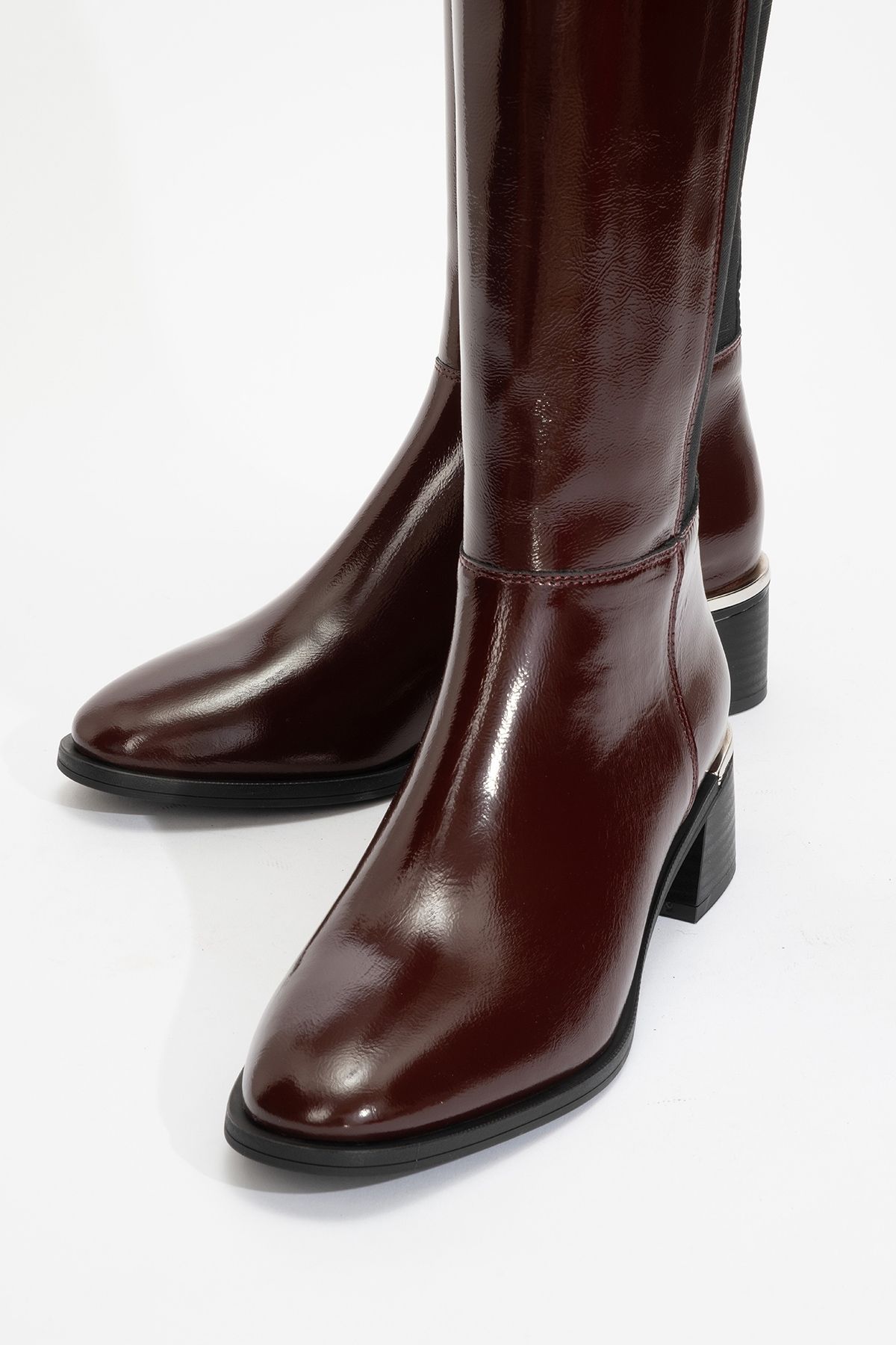 LuviShoes-Rochos Burgundy Patent Leather Stretch Detailed Genuine Leather Women's Boots 3