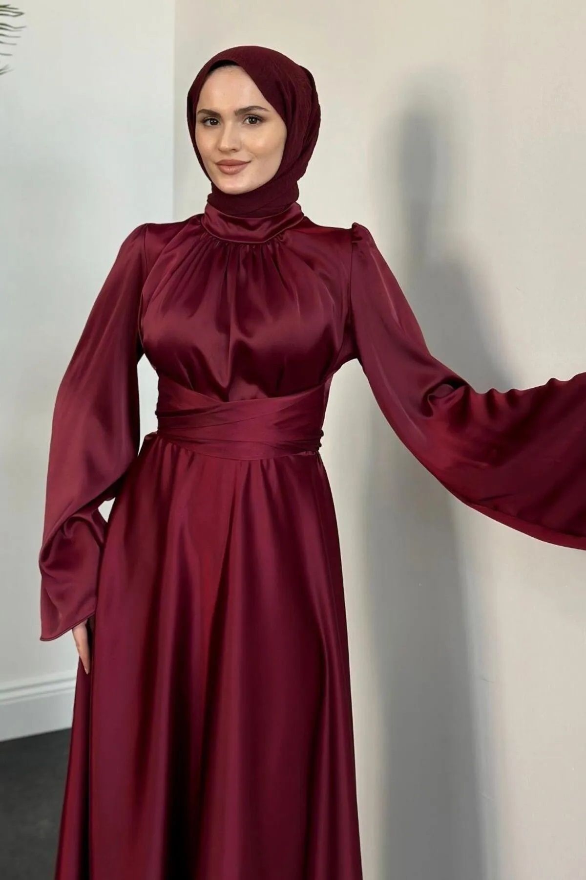 Tesettür Diyarı-Spanish Sleeve Satin Evening Dress with Tie Waist Detail - Burgundy 3