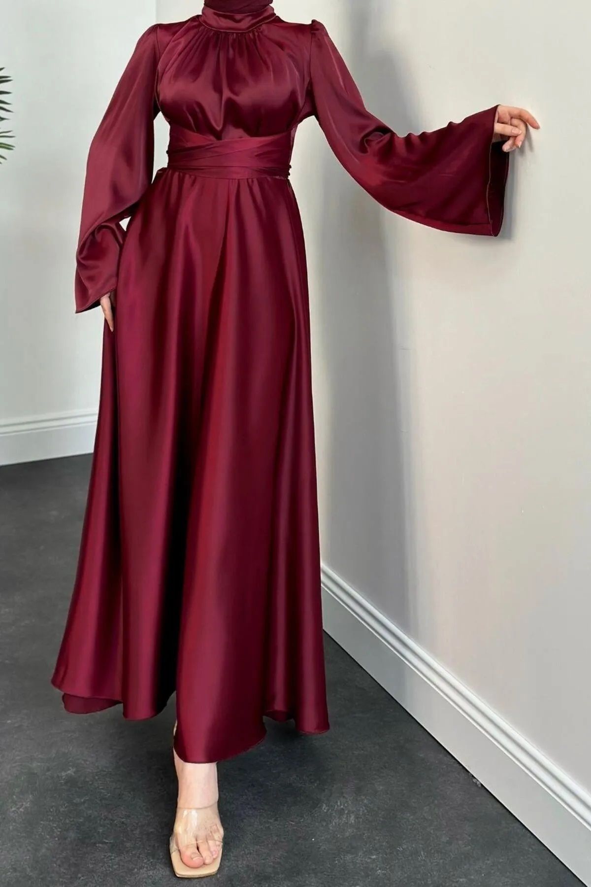 Tesettür Diyarı-Spanish Sleeve Satin Evening Dress with Tie Waist Detail - Burgundy 4