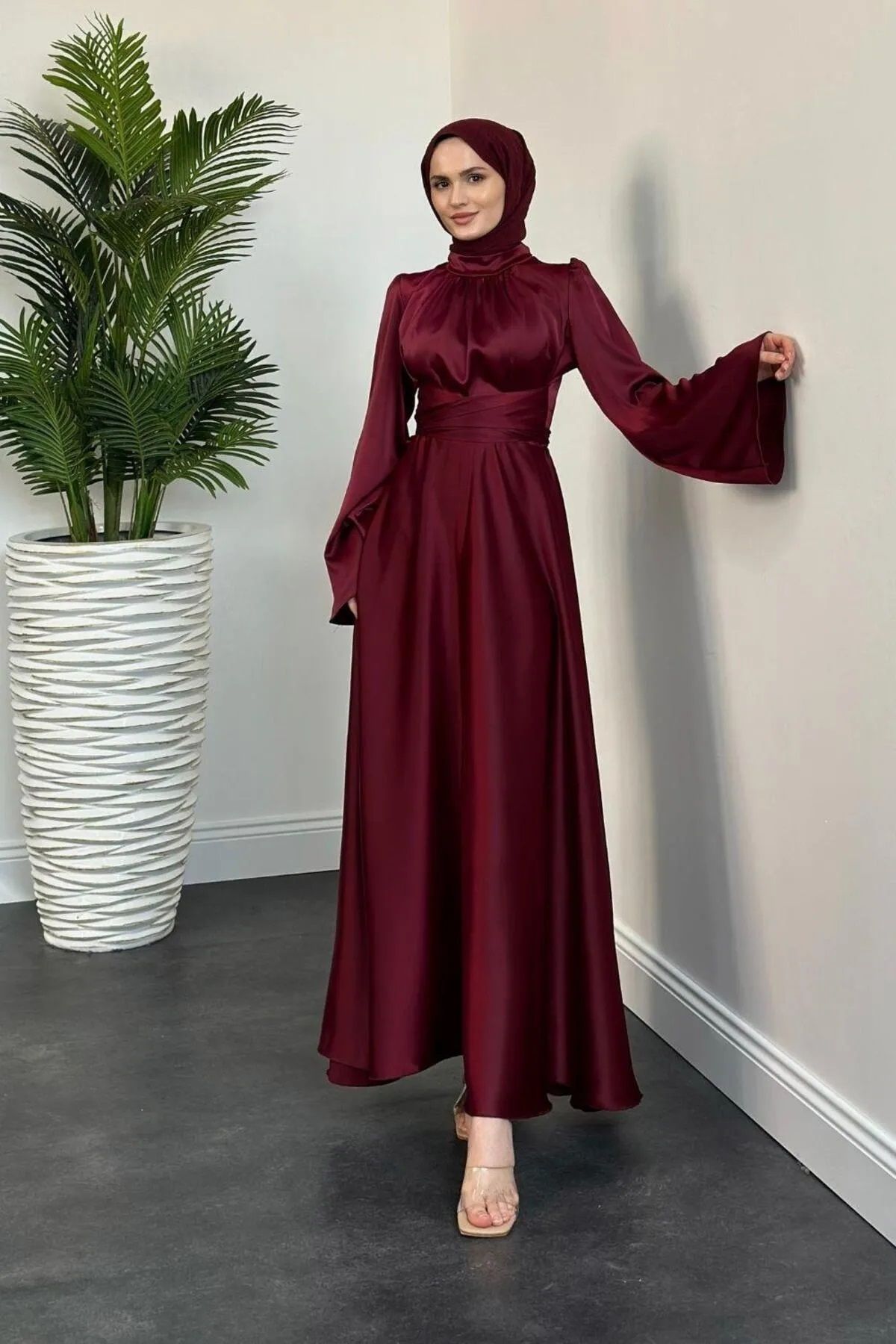 Tesettür Diyarı-Spanish Sleeve Satin Evening Dress with Tie Waist Detail - Burgundy 2