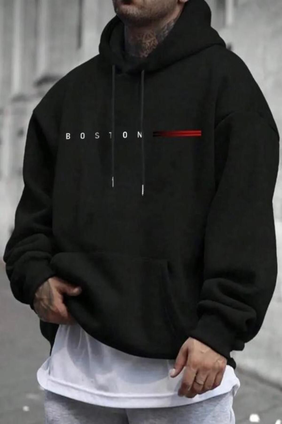 NO 601-Мъжки черен суитшърт с качулка и щампа Boston 1