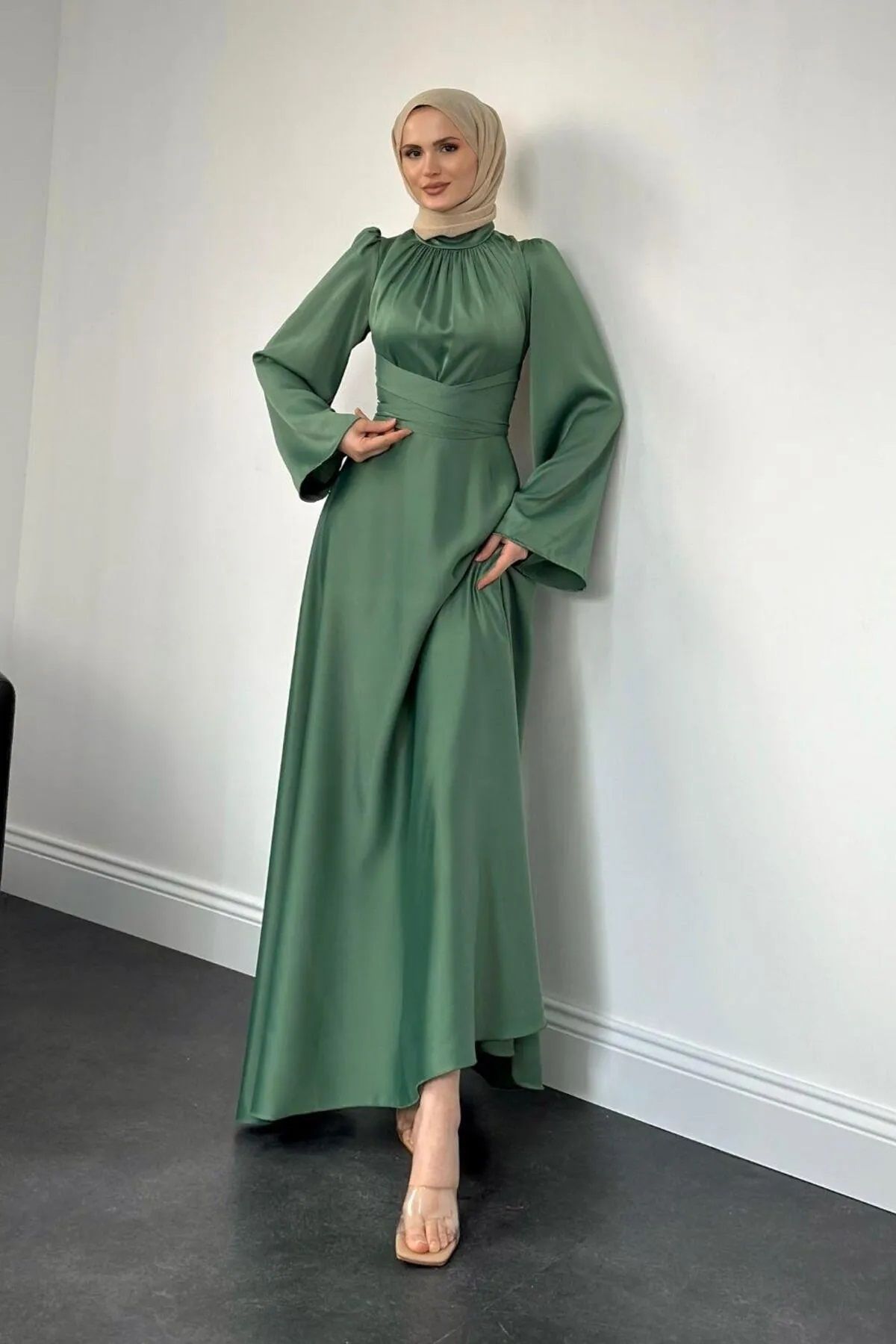 Tesettür Diyarı-Spanish Sleeve Satin Evening Dress with Tie Waist Detail - Mint Green 1