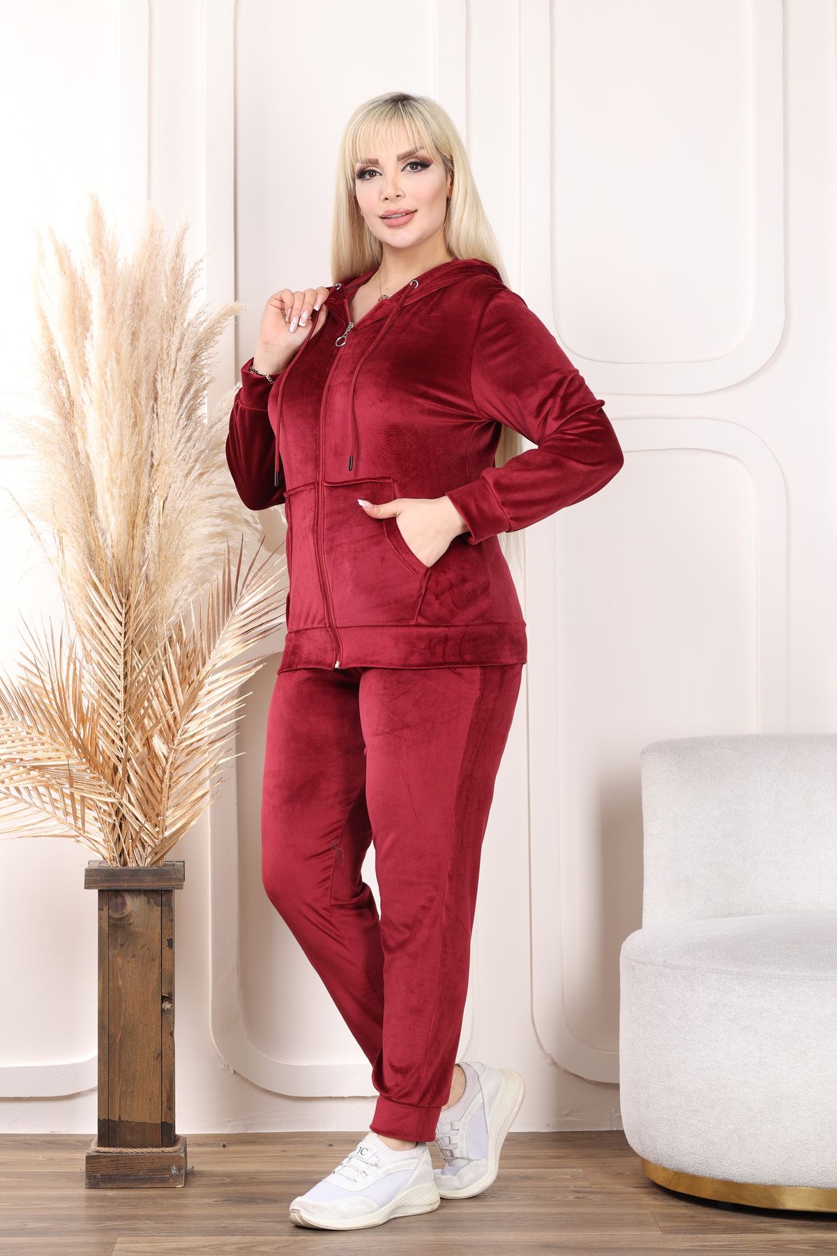 dileksepeti Büyük beden Fermuarlı Kadife kapşunlu Kadın Pijama Takımı