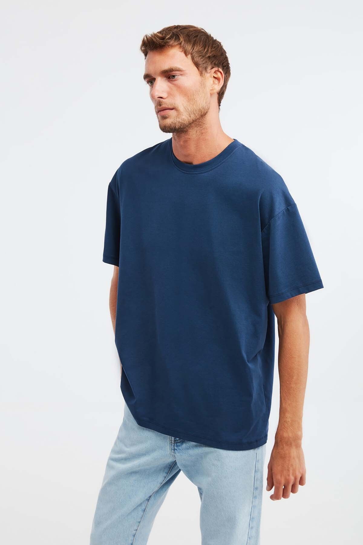 GRIMELANGE-Ανδρικό Jett - 100% οργανικό βαμβάκι Navy Blue Oversize T-shirt, Crew Neck 3