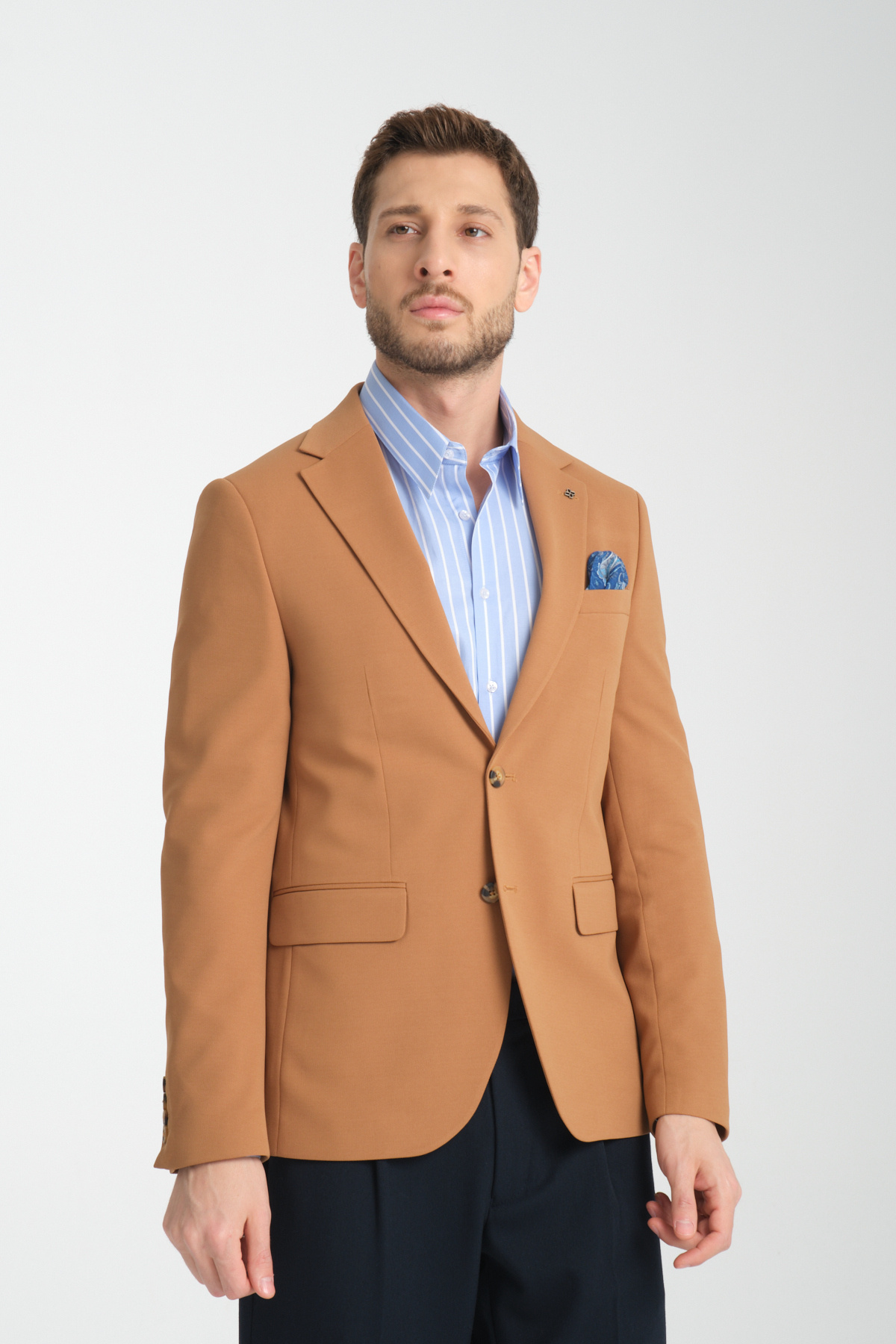 Frappoli  Baselna Erkek Turuncu Esneyen Likralı Kumaşlı Tam Astarlı Slim Fit Mono Yaka Dar Kesim Blazer Ceket - Görsel 4