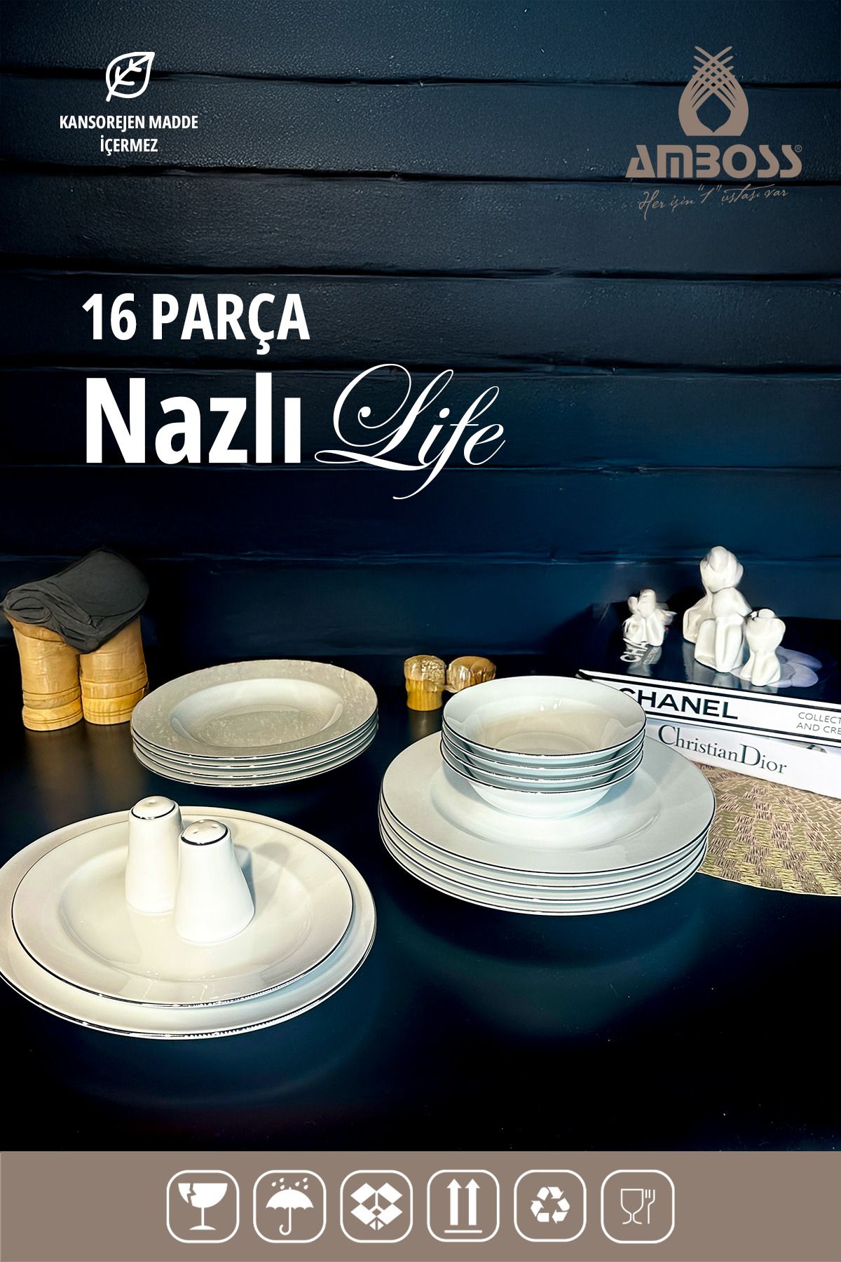 Amboss Nazlı Life 16 Parça Porselen Yemek Takımı Gümüş