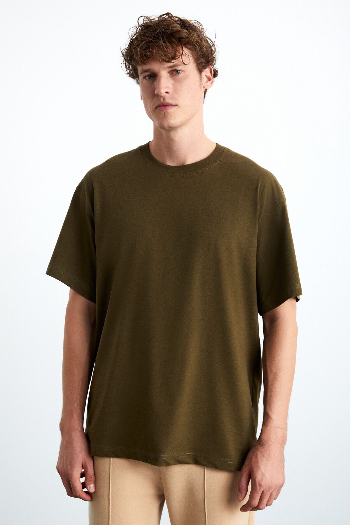 GRIMELANGE-Pánské tričko Jett Khaki – 100% organická bavlna, Crew Neck, Silná textura Oversize Fit 3