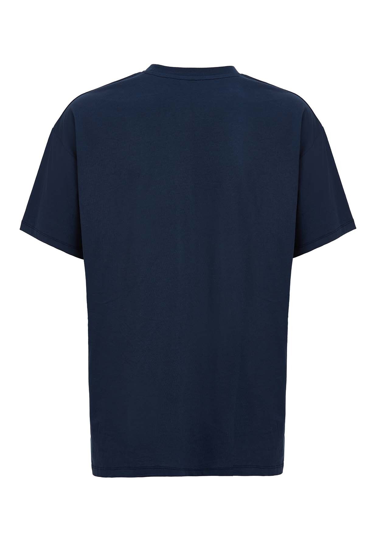 GRIMELANGE-Ανδρικό Jett - 100% οργανικό βαμβάκι Navy Blue Oversize T-shirt, Crew Neck 7