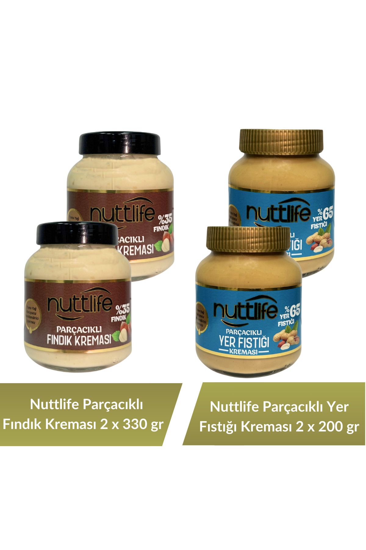 nuttlife Parçacıklı Fındık Kreması 330 gr x 2 adet+ Parçacıklı Yer Fıstığı Kreması 330 gr x 2 adet