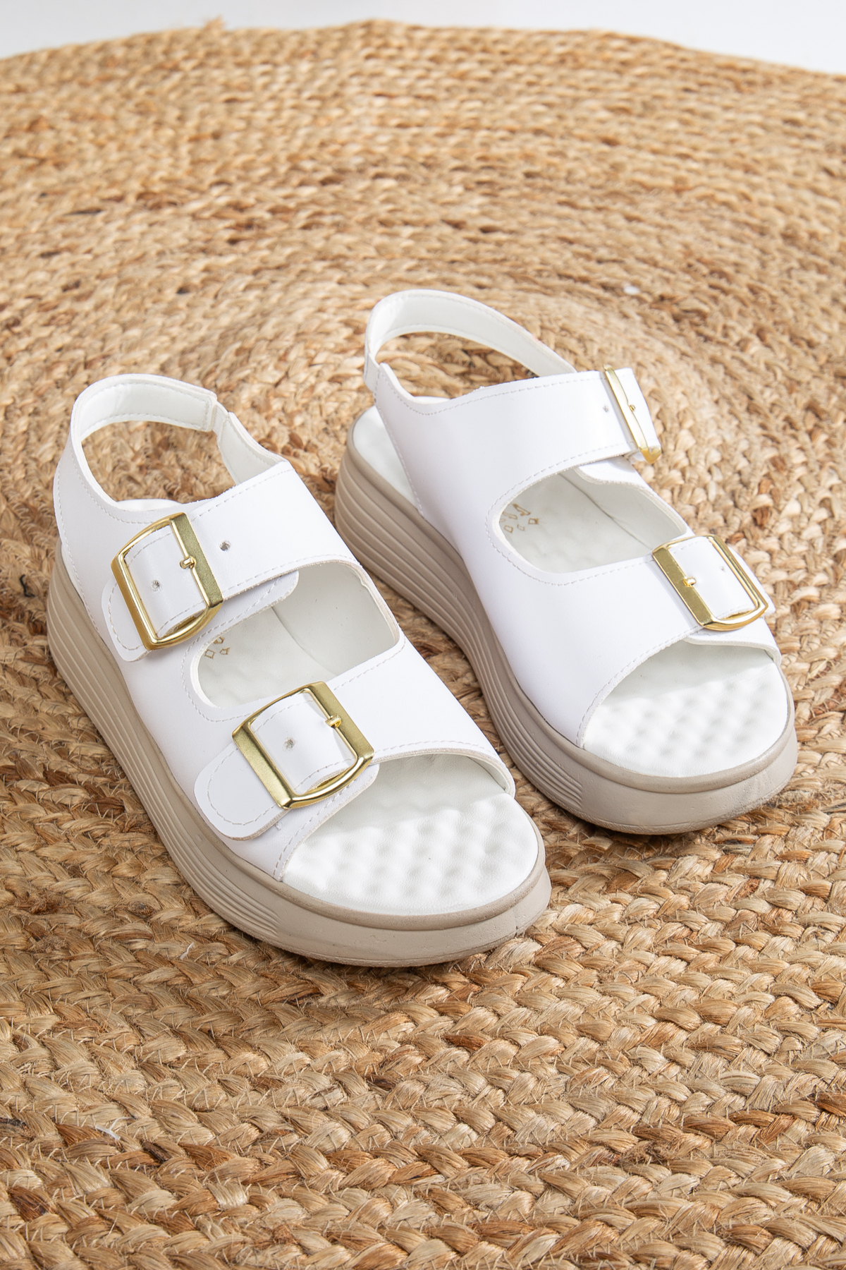 Lisa White Skin Orthopedic Sole Rubber Supported Double Buckle Filler Heel Stylish Women's Sandals