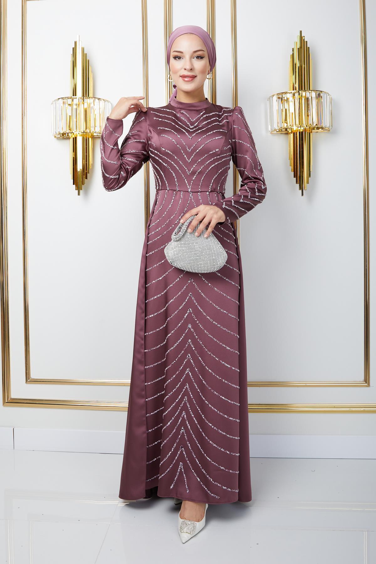 Olcay-Stein Detaillierte Satin Cape Hijab Abendkleider - DRIED ROSE 1674 1