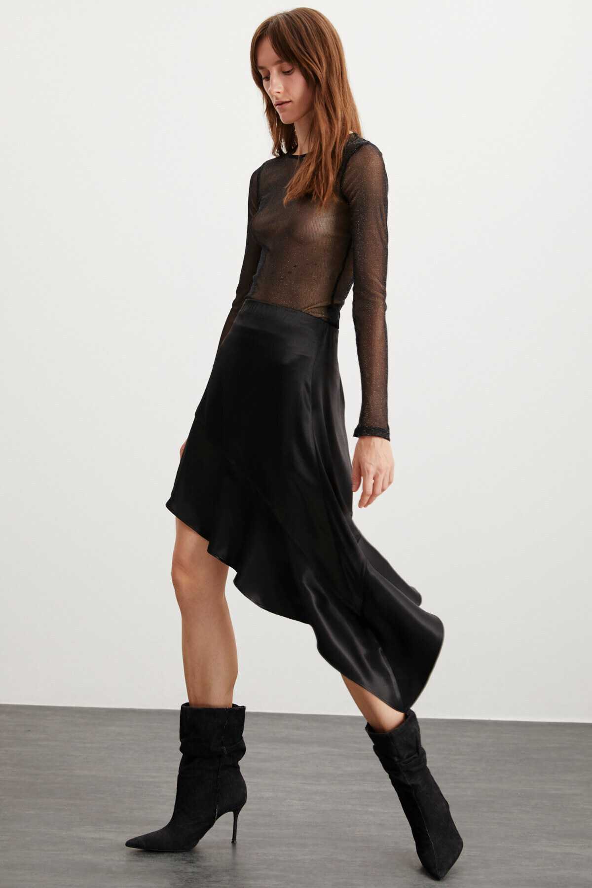 GRIMELANGE-Nellie Women's Asymmetric Cut Satin Fabric Zip Detailed Stylish Black Skirt 5