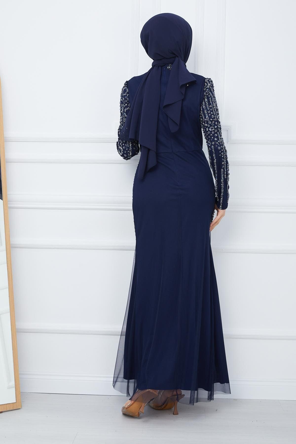 Olcay-Rochie de seara Hijab din tul cu margele si bijuterii ALBASTRU MARINE 1663 6