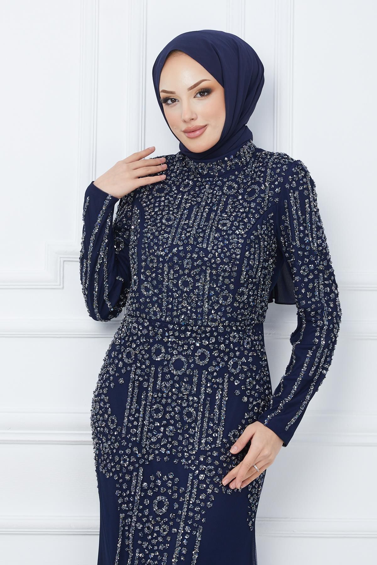 Olcay-Rochie de seara Hijab din tul cu margele si bijuterii ALBASTRU MARINE 1663 3