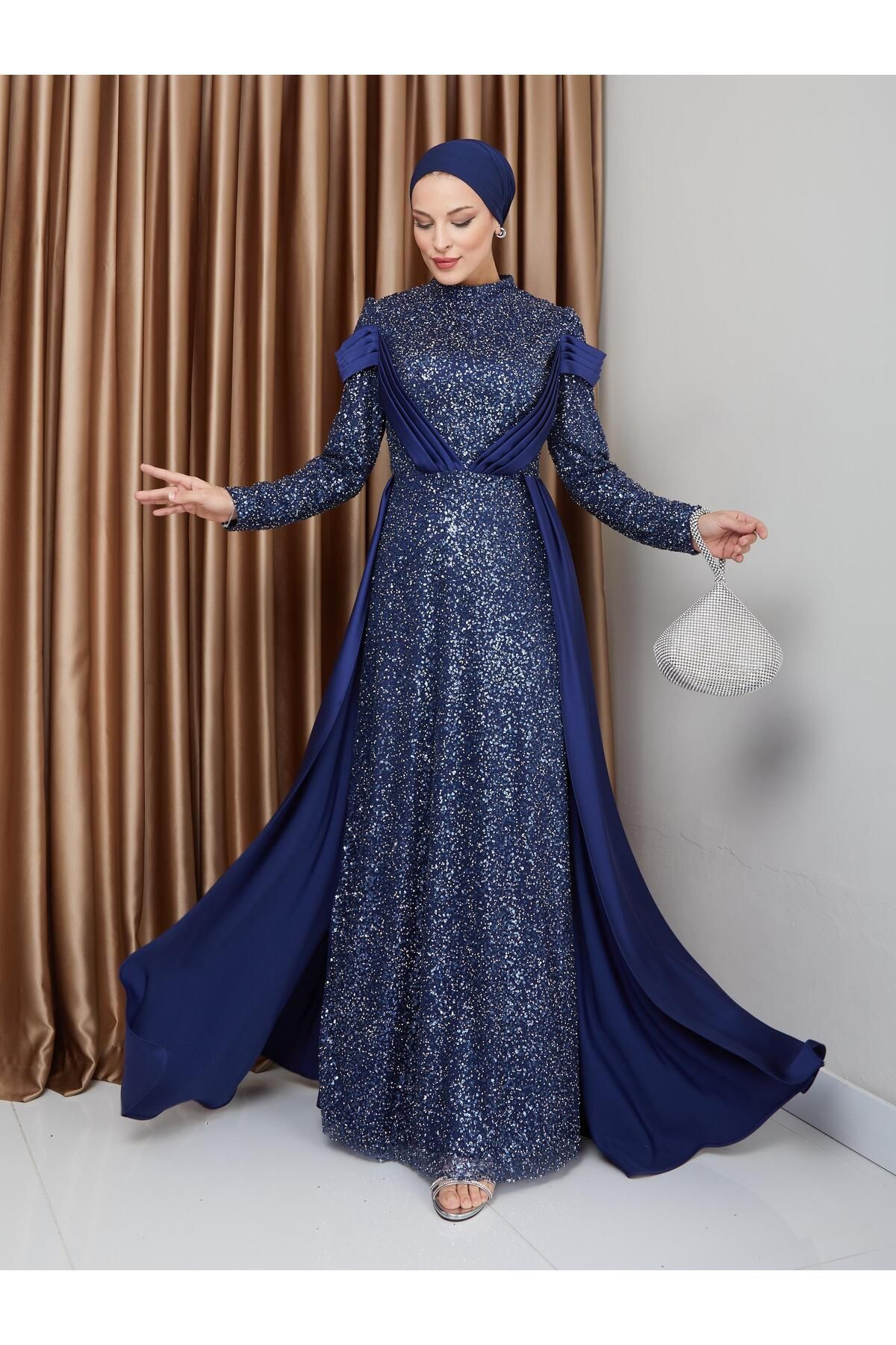 Olcay-Satin Sequin Hijab Evening Dress with Cape - Navy Blue 1678 5