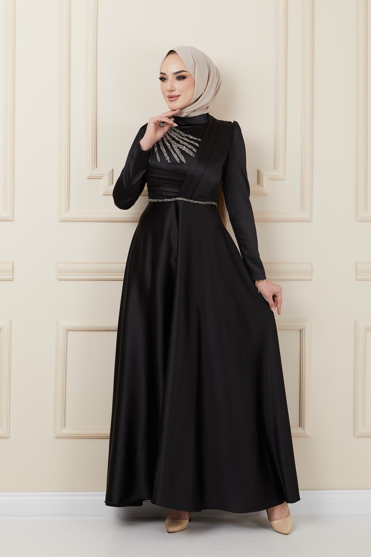 Olcay-Satin-Abendkleid mit Falten- und Perlendetail auf der Vorderseite SCHWARZ 1624 3