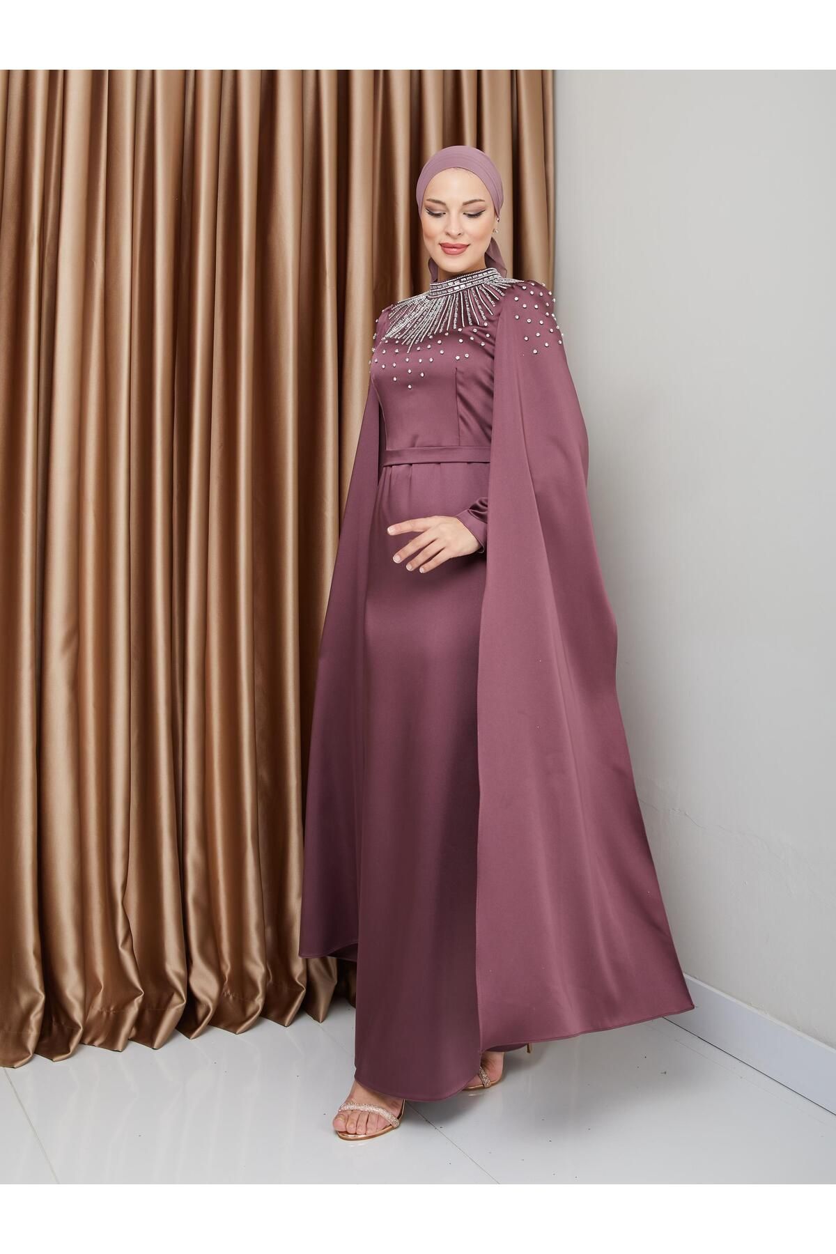 Olcay-Satin Hijab Evening Dress with Stone and Cape Detail, Dried Rose 1228 5