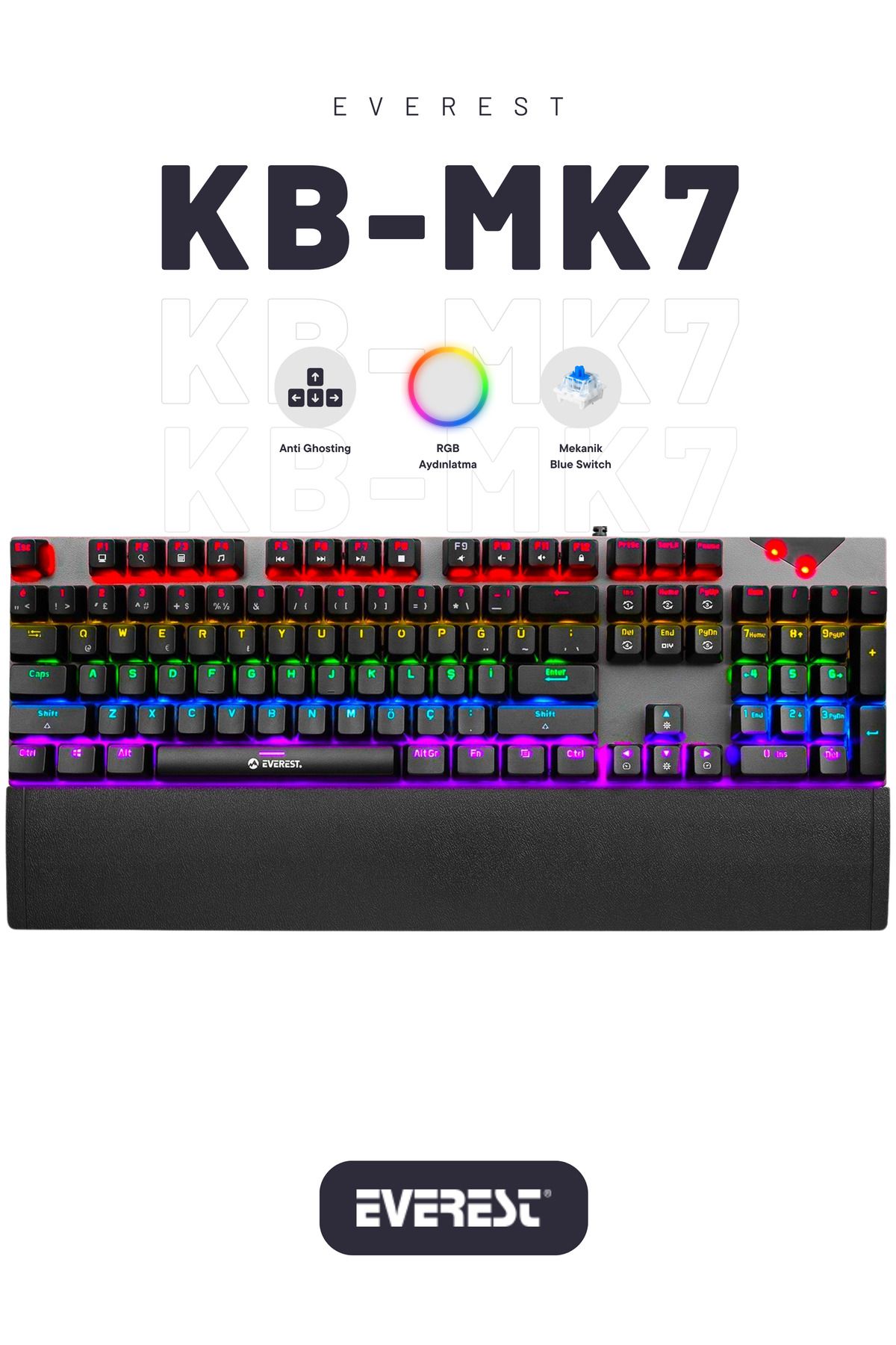 Everest Mk7 Gri Usb Bilek Destekli Mekanik Klavye Q Blue Switch Gaming Oyuncu Klavyesi-1