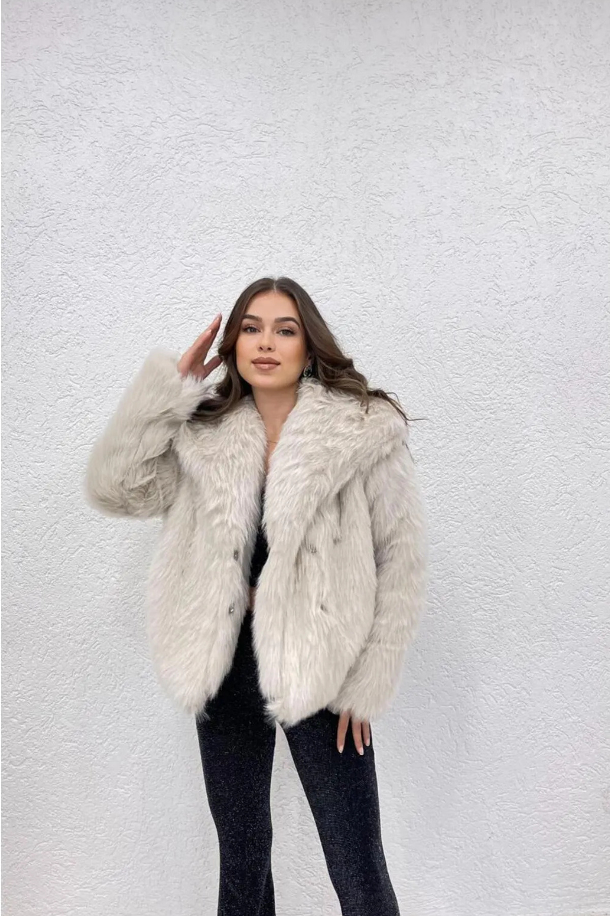Kadın Suni Kürk Detaylı Oversize Bej Kaban