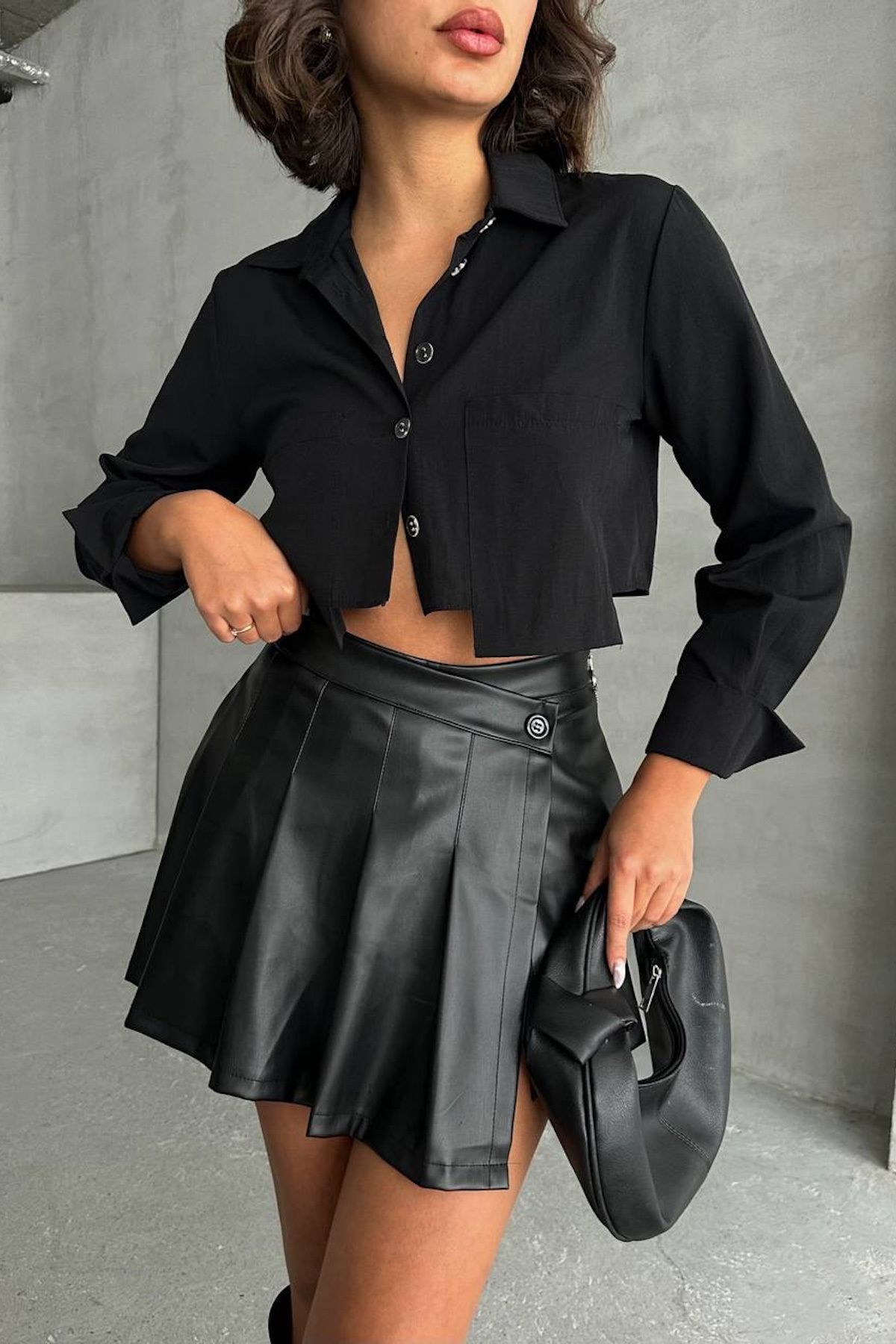 Mila-Black Pleated Leather Shorts Skirt 1