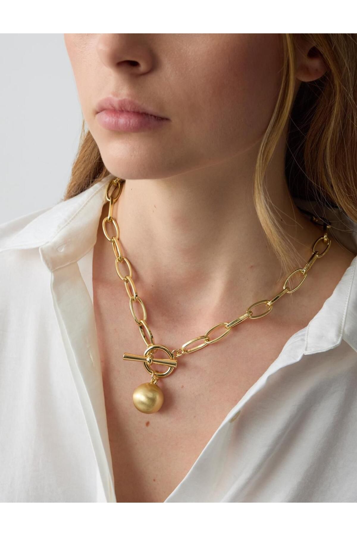 Jimmy Key-Gold Color Thick Chain Pearl Detailed Necklace 1