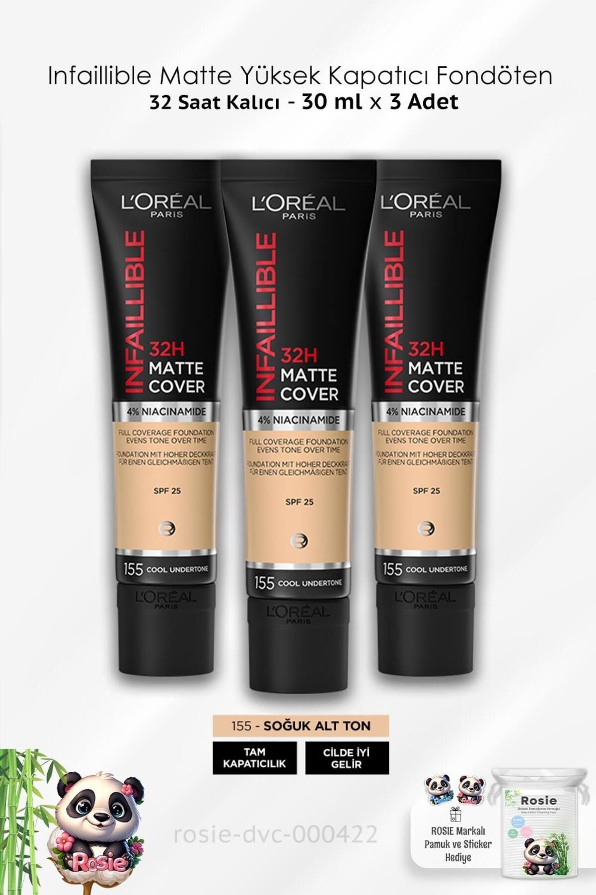 L'Oreal Paris 3 Adet Loreal Paris Infaillible Yüksek Kapatıcı Fondöten - 155 Soğuk Alt Ton 30 ml ve ROSIE