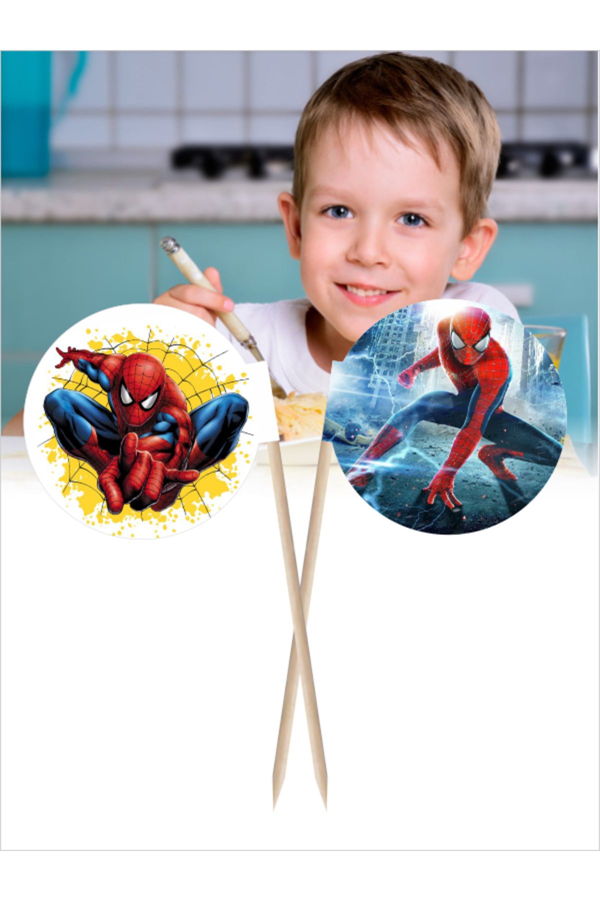 Home Spiderman Logolu Kahvaltı ve Yemek Kullanımlarına Uygun Bayrak Pasta Kürdanı - 10 cm 30 adet