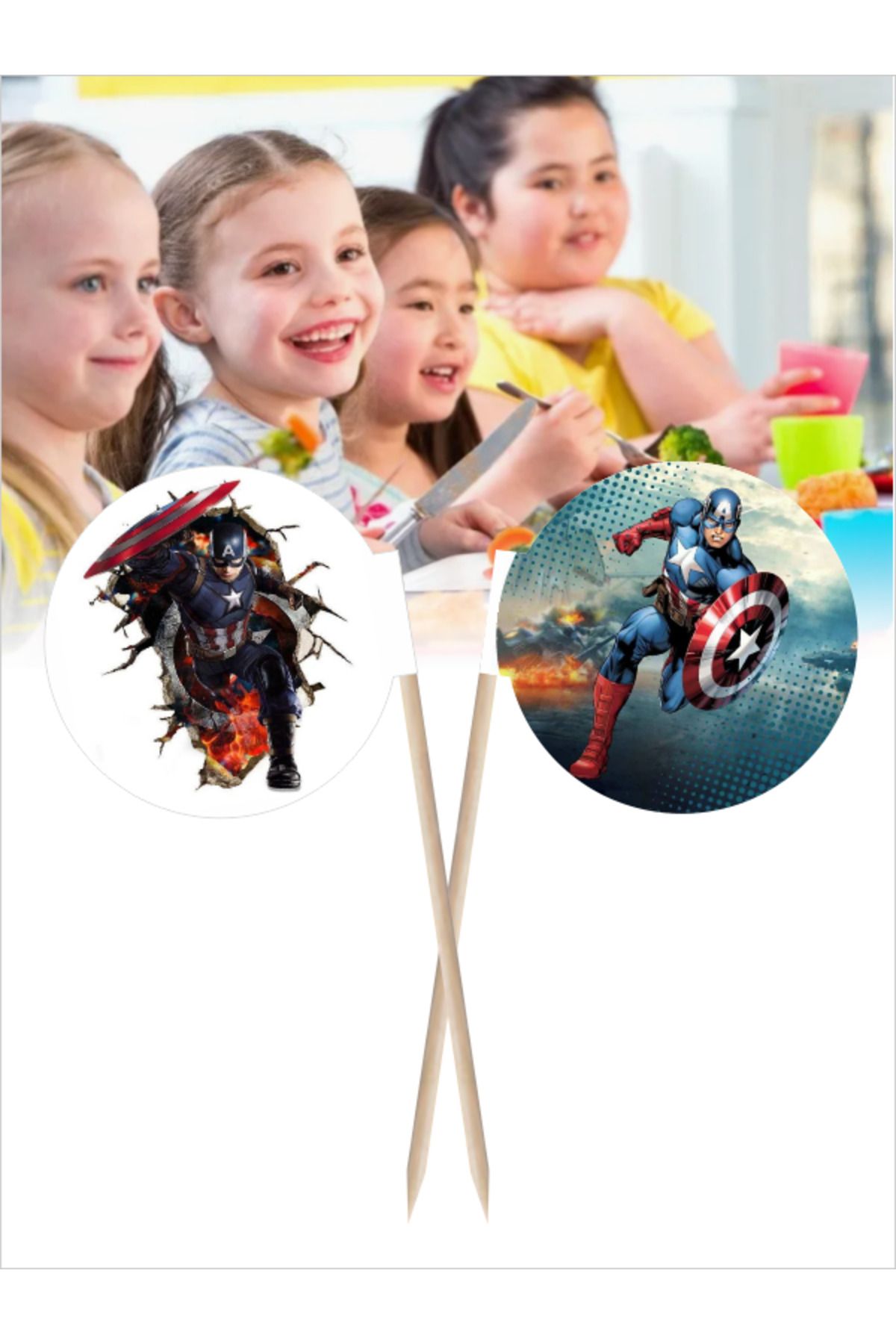 Home Captain America Logo Baskılı Kahvaltı ve Yemek Kullanımlarına Uygun Bayrak Kürdan - 10cm 30 adet