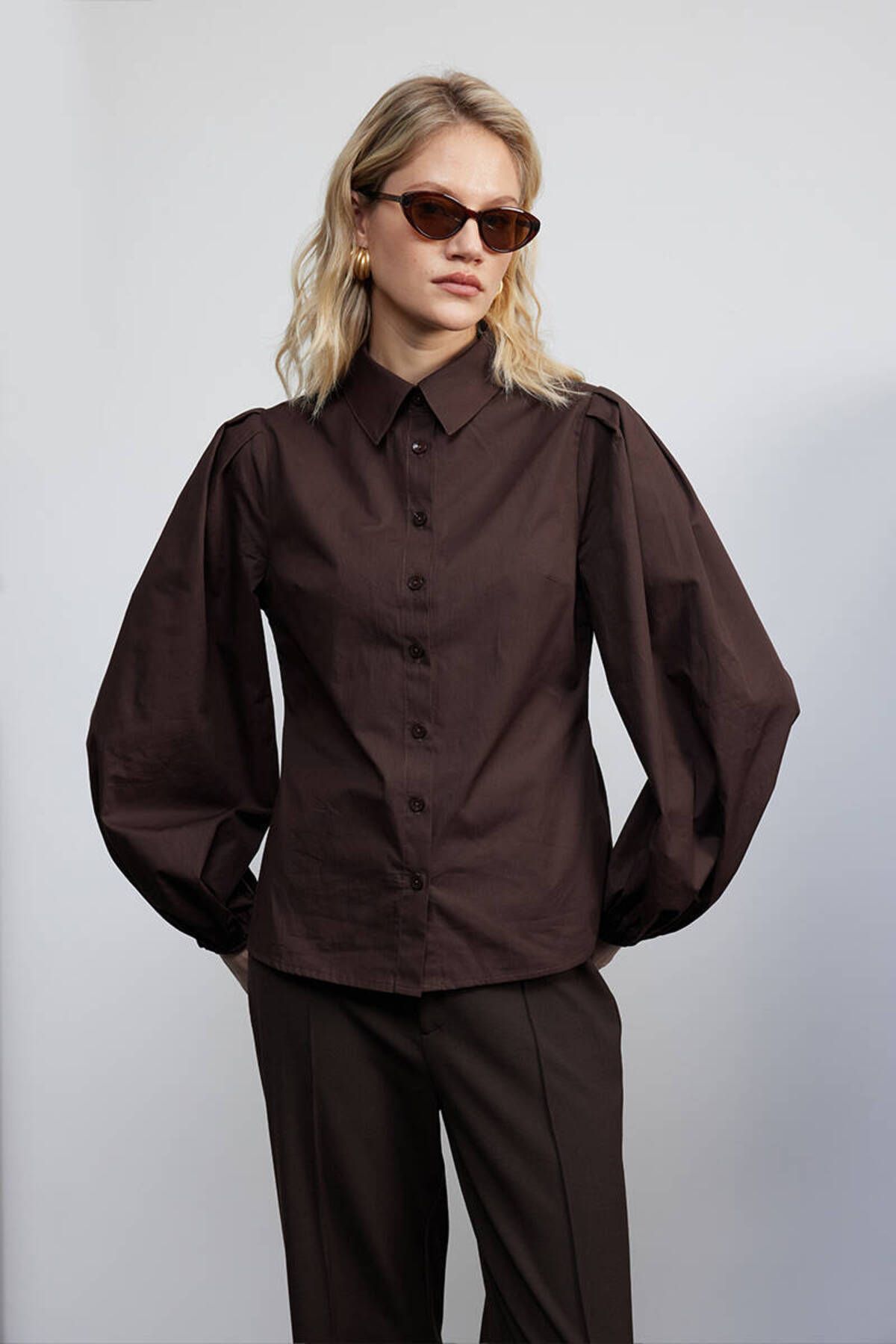 BE BLUE-Brown Balloon Sleeve Fit Shirt 4