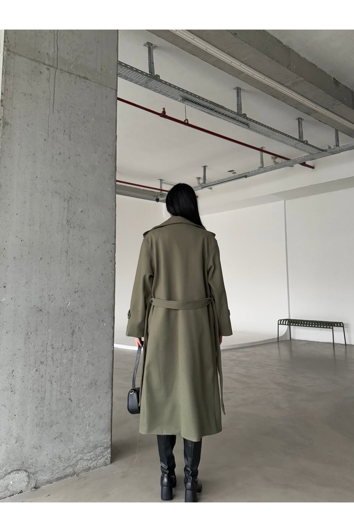 Female Clothing  Yeşil Astarlı Cepli Uzun Kaban Mont - Görsel 7