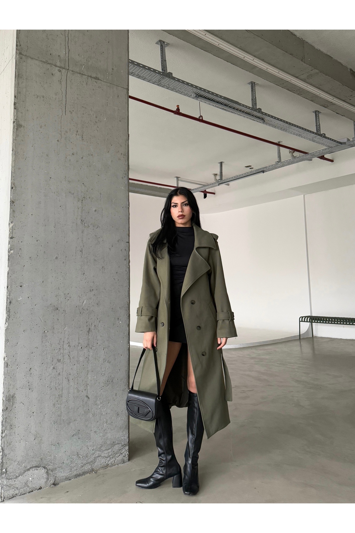 Female Clothing  Yeşil Astarlı Cepli Uzun Kaban Mont - Görsel 3