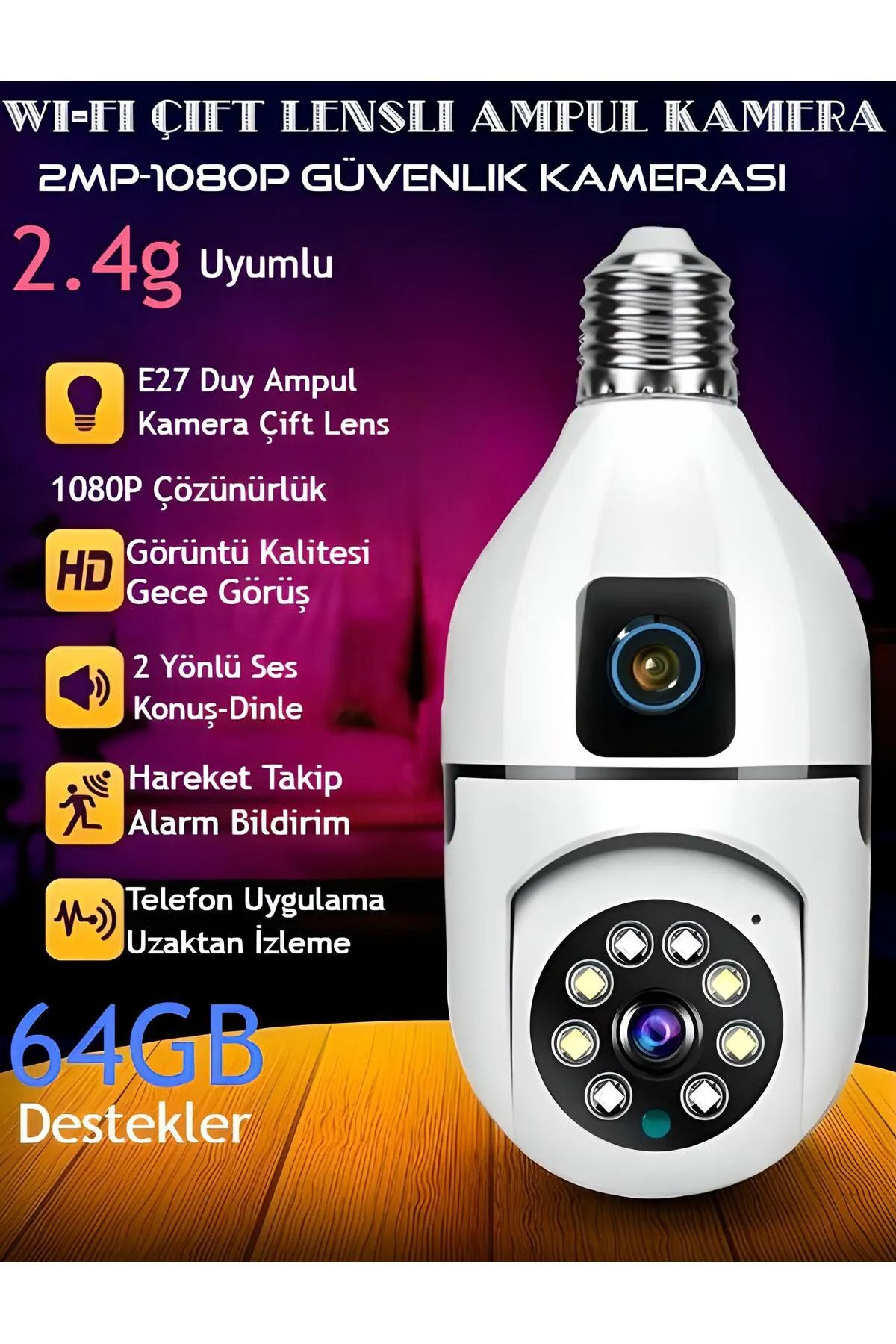 ekovolt Gece Görüşlü Çift Kameralı 4K Ultra HD Ampül Kamera Kablosuz Panoramik Ev Güvenlik Kamerası 4MP