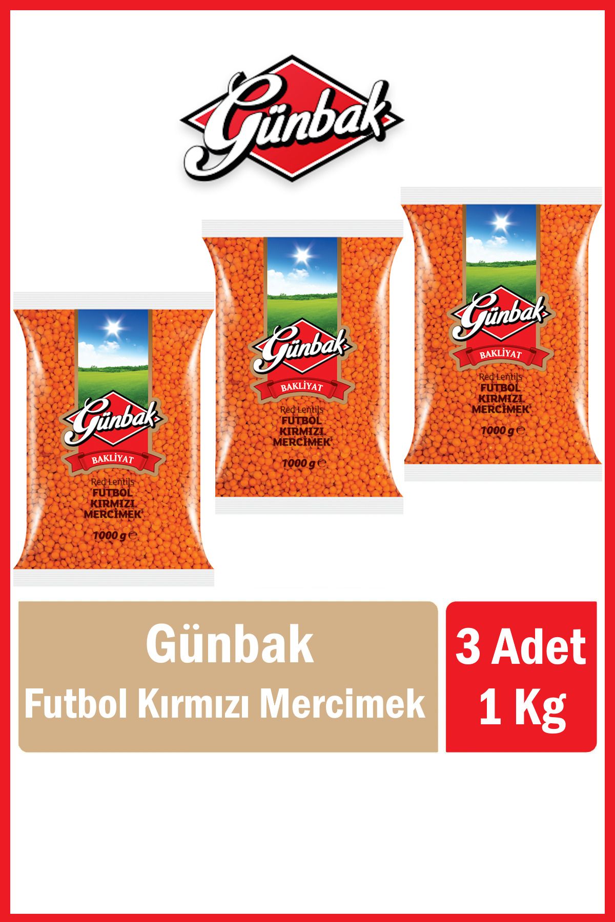 Günbak Futbol Kırmızı Mercimek 1 Kg x 3 Adet