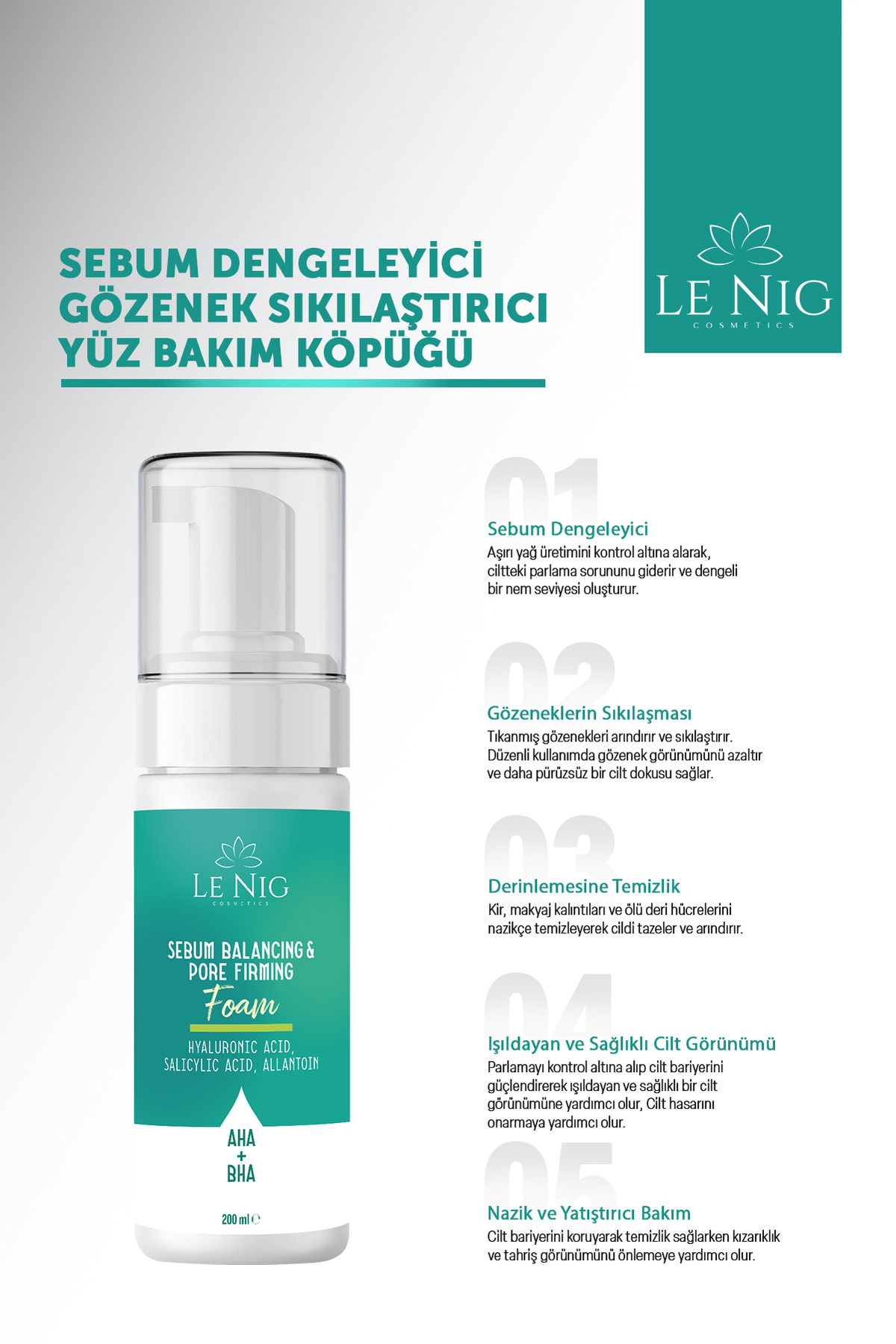 Sebum Dengeleyici & Gözenek Sıkılaştırıcı Yüz Temizleme Köpüğü | AHA + BHA & Salisilik Asit | 200 ml — KÖPÜK1 — تصویر 5 از 5
