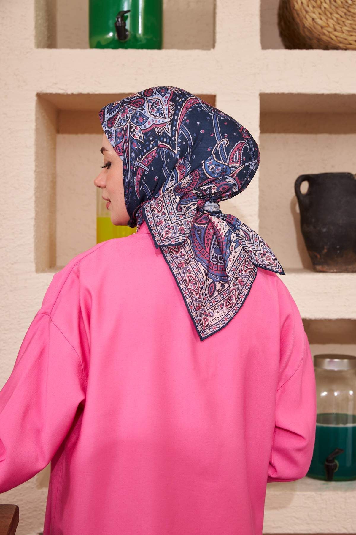 İpekhan-Φουλάρι Navy Blue Ethnic Series Cotton Viscose Silkhan Scarf - 1116-02 4