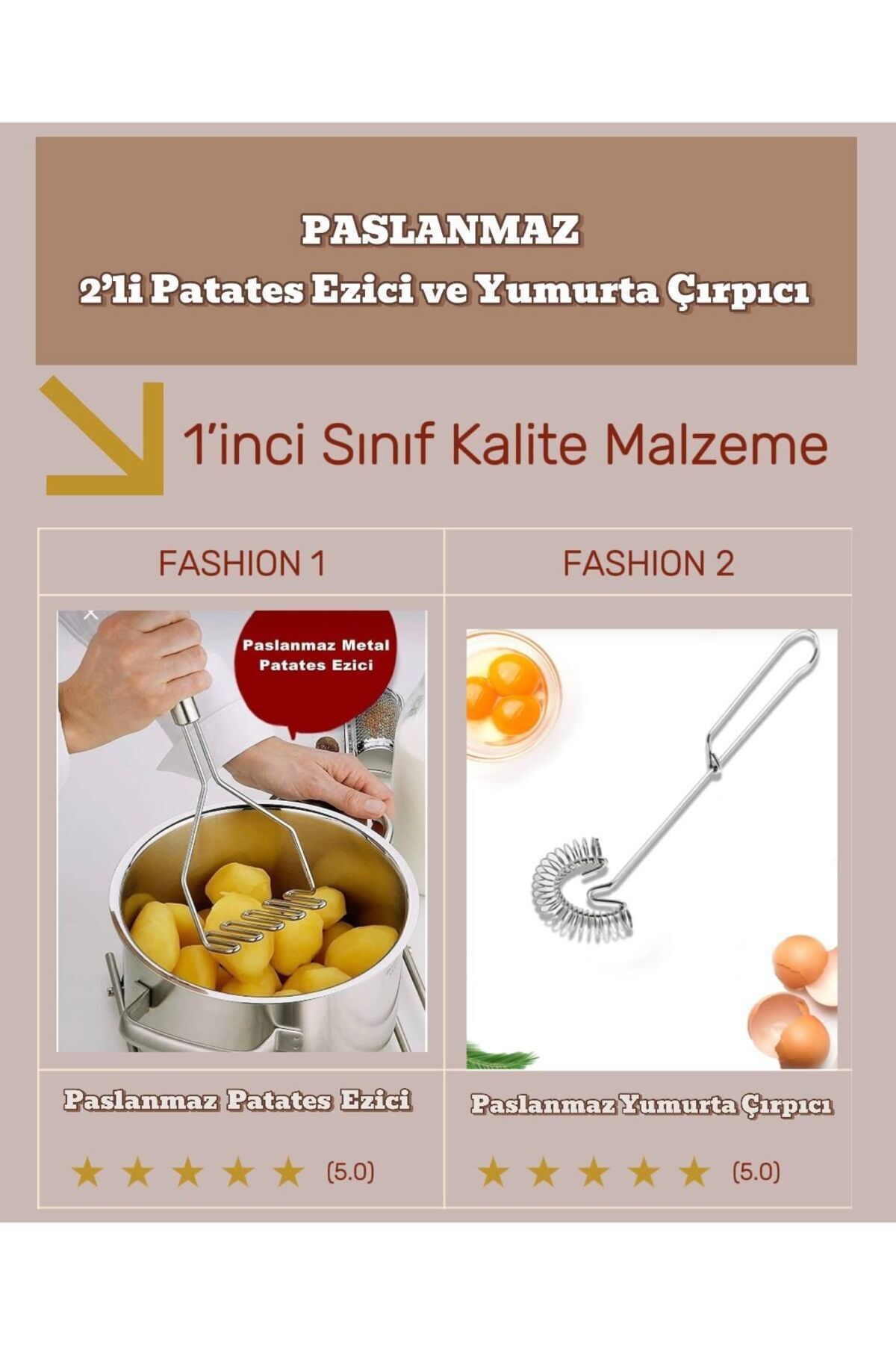 MorPort Lüks Paslanmaz Metal Patates Ezici I Solingen Sos Yumurta Çırpıcısı I 2'li Kombin Set