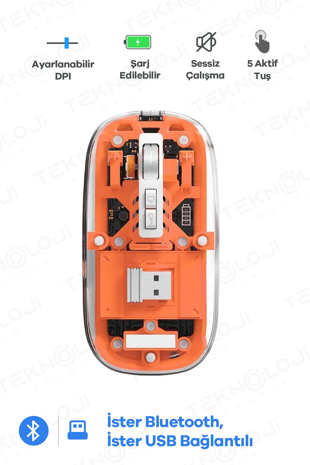 Teknoloji Gelsin Kablosuz Mouse Fare Şarjlı Bluetooth Wireless Çift Modlu Sessiz 5 Tuşlu Şeffaf DPI Kontrol  Tg-9010