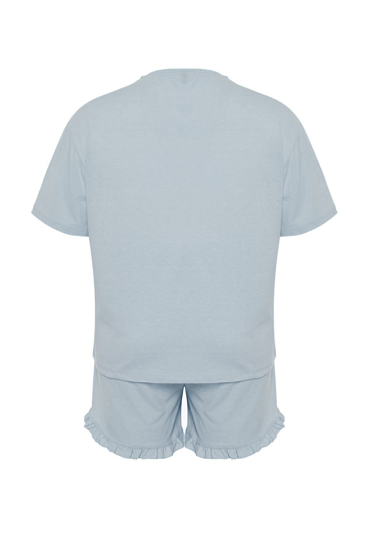 Trendyol Curve-Set pijamale tricotate cu imprimeu pisică albastru deschis TBBSS24AI00035 7
