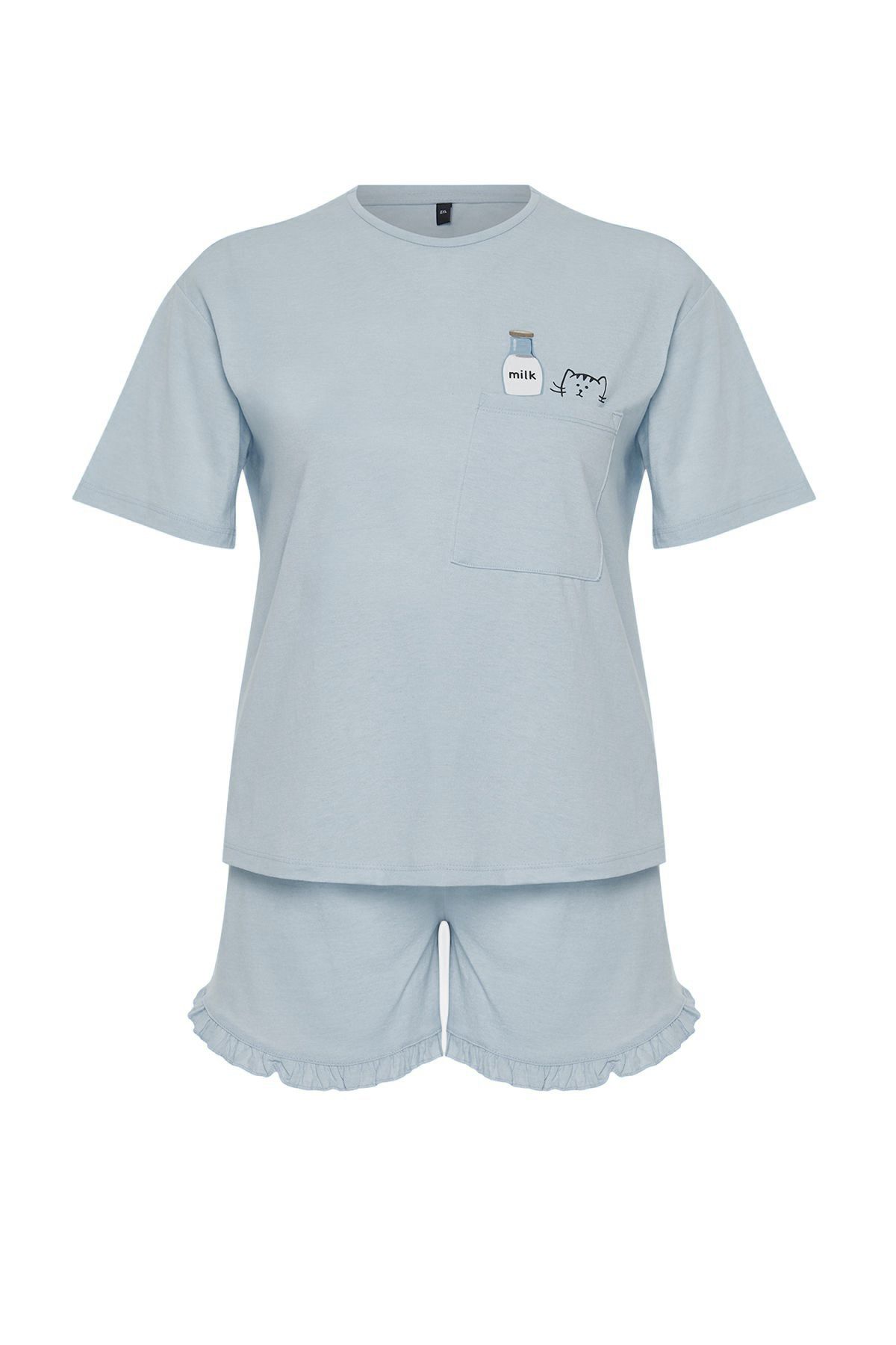 Trendyol Curve-Set pijamale tricotate cu imprimeu pisică albastru deschis TBBSS24AI00035 6