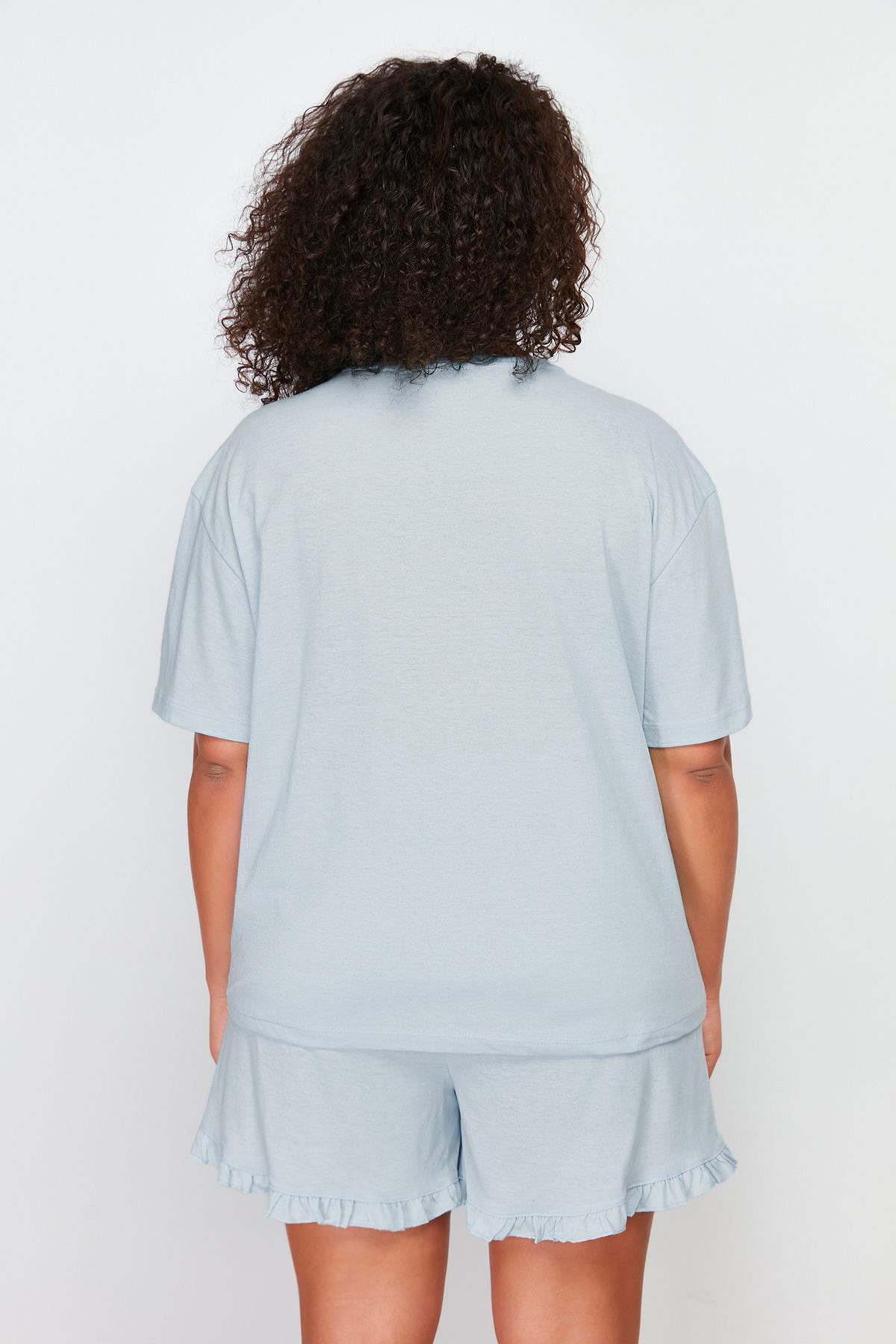 Trendyol Curve-Set pijamale tricotate cu imprimeu pisică albastru deschis TBBSS24AI00035 5