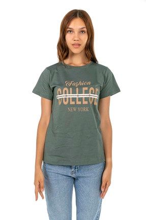 Kadın Yeşil Penye Collece Yazı Baskılı T-shirt TBM-1852211100