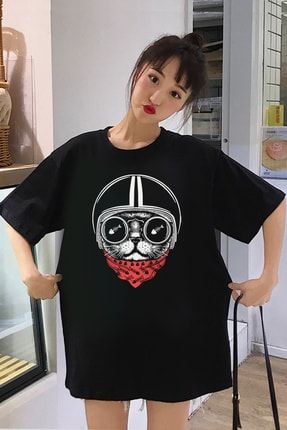Kadın Siyah Kasklı Kedi Oversize Kısa Kollu T-shirt 1M1XW399FS