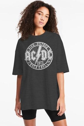 Kadın Antrasit Dairede Acdc Oversize Kısa Kollu T-shirt 1M1XW387AX