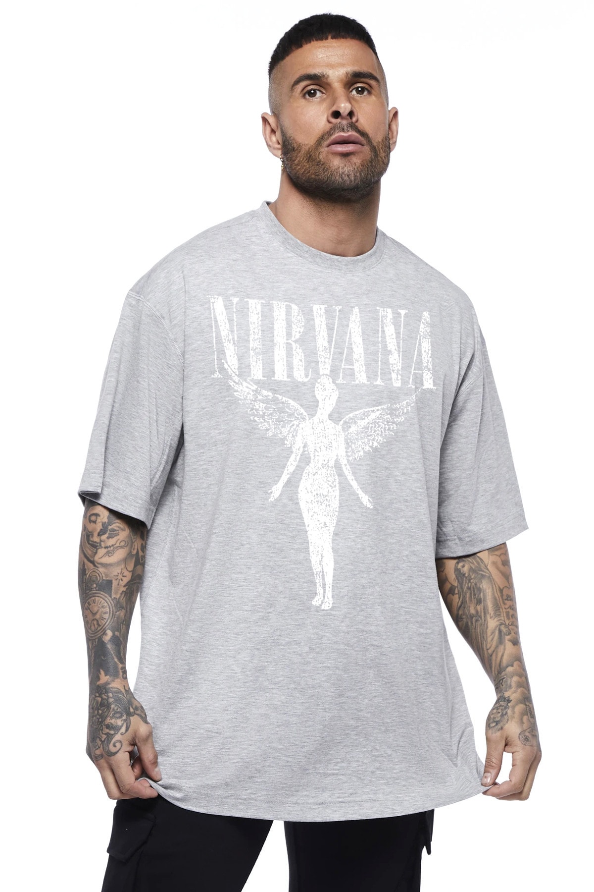 ROCKANDROLL Erkek Gri Melek Nirvana Oversize Kısa Kollu T-shirt