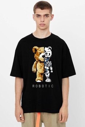 Erkek Siyah Robot Ayı Oversize Kısa Kollu T-shirt 1M1XM408FS