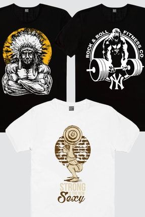 Erkek Siyah Büyük Şef, Beyaz Güzel Ve Güçlü, Siyah Gorilla Gym 3'lü Eko Paket T-shirt 1M1BM969AX